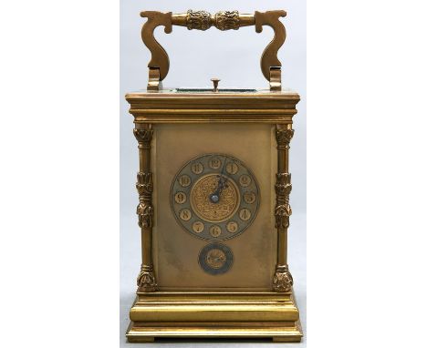 A French brass carriage clock, c1900&nbsp; the gilt dial with silvered chapter ring and alarm ring, blued steel hands and gon