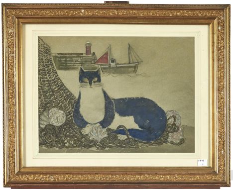 British School, 20th c - The Blue Cat, gouache, light grey paper, 29.5 x 39.5cm  