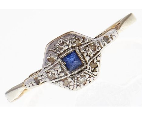 A sapphire and diamond ring, in gold marked 18ct PLAT, 2.3g, size Q  Wear consistent with age and bent