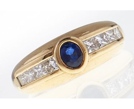 A sapphire and diamond ring, in 18ct gold, 5.2g, size K  Good condition