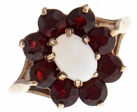 An opal and garnet cluster ring, in 9ct gold, 3g, size O  Good condition