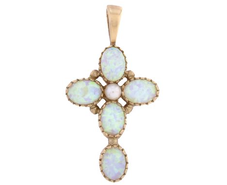 An opal cross, with cultured pearl centre, in 9ct gold, 36mm, 3g  Good condition