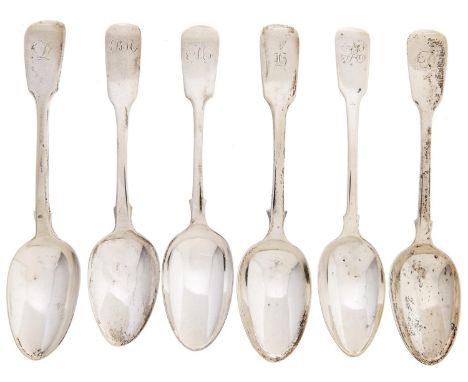 Five silver dessert spoons, George IV - early Victorian, Fiddle pattern, various maker's, London and Sheffield, 7ozs 8dwts an