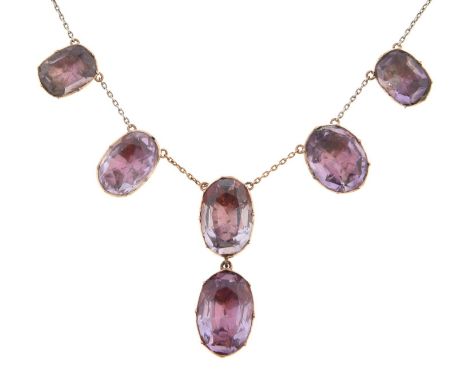 A foiled amethyst paste necklet, first half 19th c, in gold, adapted from a riviere, on later gold chain, 39.5cm l, 18g  Slig