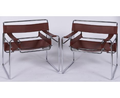 Wassily Kandinsky (after) - a pair of reproduction chairs in brown leather with black stitching, tubular chromium metal frame