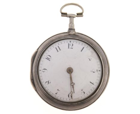 An English silver pair cased verge watch, Edwd Beifield London 3844, with enamel dial and flat centred glass, 54mm, London 17