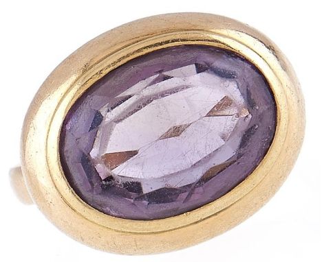 An amethyst ring, in gold marked Hiroko and 14k, 7.8g, size M  Scratches from wear