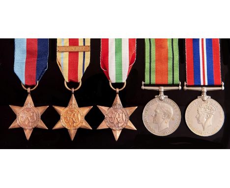 WWII, five, 1939-1945 Star, Africa Star, 1st Army Clasp, Italy Star, Defence Medal and War Medal, card box addressed Stoke on