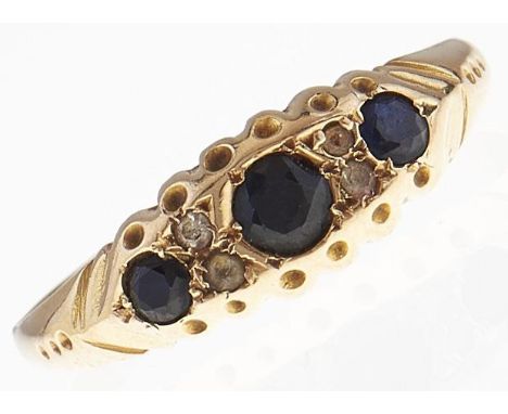 A sapphire and diamond ring, in gold, marks rubbed, 1.9g, size R½  Hoop worn and slightly bent