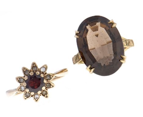 A citrine ring and a garnet and white stone cluster ring, mid 20th c, both in 9ct gold, sizes K½ and M, 8.7g  Good condition