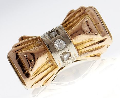 A mid century gem set two colour gold bow ring, in gold marked 9ct, 7.4g, size O  Wear consistent with age