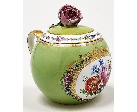 A Meissen lime green ground handled globular bowl and cover, Marcolini period, c1810, painted to the front with an oval panel