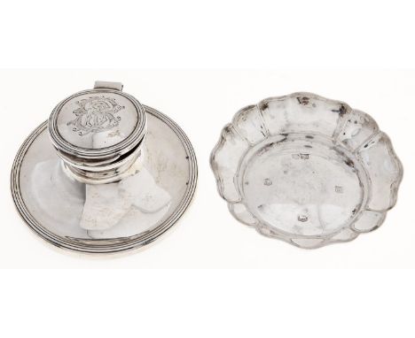 A George V silver capstan inkwell, 11cm diam, marks rubbed, Birmingham 1911 and an Elizabeth II silver rose shaped dish, dish