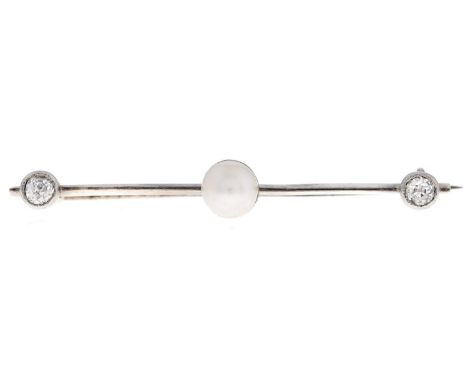 A bar brooch, early 20th c, the gold knife wire with central cultured pearl and diamond terminals, 38mm, unmarked, 2g  Good c