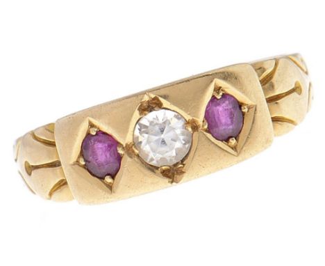 A Victorian ruby and white stone ring, gypsy set in 18ct gold, Birmingham 1888, 3.7g, size M½  Light wear scratches only