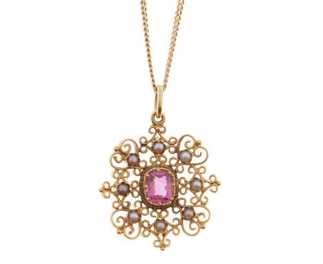 A pink tourmaline and pearl pendant, late 19th c, in gold, with larger central cushion shaped tourmaline, filigree surround, 