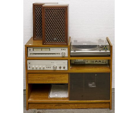 An Hitachi music system, comprising AM-FM stereo tuner, model FT-4000L, stereo amplifier model HA-2500, Hitachi turntable mod