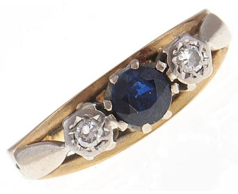 A three stone sapphire and diamond ring, in 18ct gold, 4g, size L  Good condition