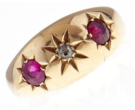 A diamond and synthetic ruby ring, gypsy set in 18ct gold, Chester 1913, 3.5g, size J  Wear consistent with age and hoop slig