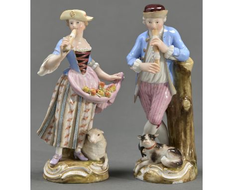 A pair of Meissen figures of a piping huntsman and shepherdess, late 19th c, 16cm h, impressed numbers, incised 2722 or 2723,