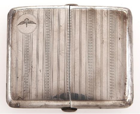 A George VI silver triptych cigarette case, engine turned, engraved with parachute regiment insignia and to the interior the 