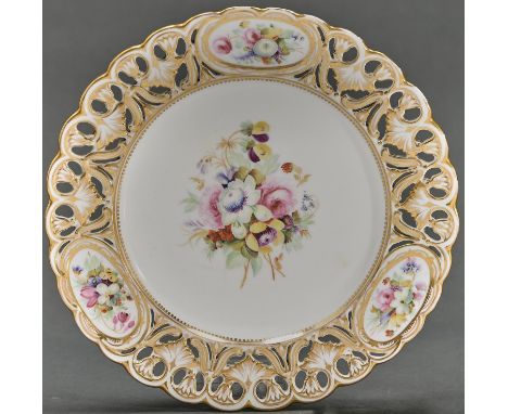 An English porcelain dessert plate, c1870, painted with a central floral group with prominent roses, in richly gilt and pierc