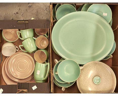 A quantity of Branksome pottery tea ware, together with Poole pottery breakfast and dinner ware, in mottled grey and turquois