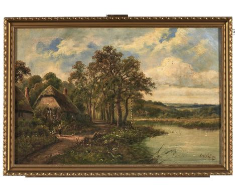Walter Waller Caffyn (1845-1898) - Thatched Cottages; A Riverside Lane, a pair, both signed, oil on canvas, 39 x 59.5cm (2)  