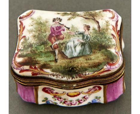 A Continental giltmetal mounted porcelain snuff box, 20th c,&nbsp;of cartouche shape, in 18th c style, painted with figures a