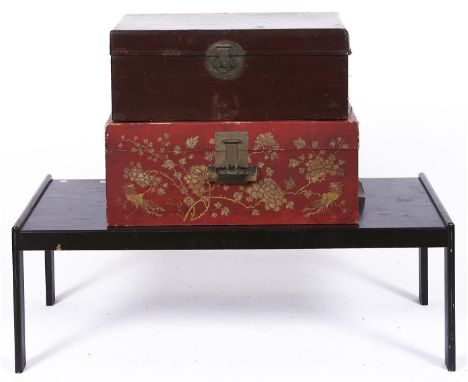 A&nbsp; red lacquer Chinese trunk, decorated to the front with birds amidst stylised chrysanthemum blossom and leafage, ornat