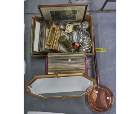 Miscellaneous LP records, metalware and bygones, to include a miner's lamp, 1960's stainless steel hollow ware, copper warmin