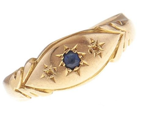 An Edwardian sapphire ring, gypsy set in 18ct gold, Chester 1902, 2.1g, size M  Lacking the two tiny flanking diamonds with w