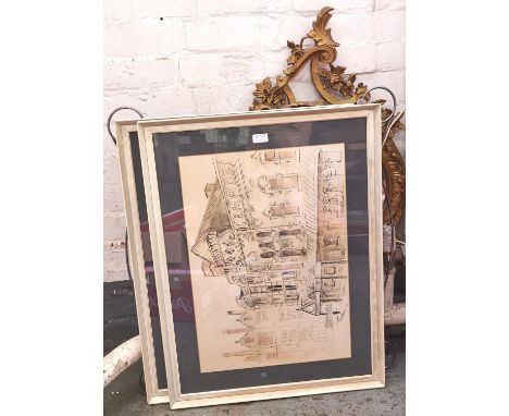 A pair of&nbsp; architectural prints, a rococo style gold painted mirror and another mirror  