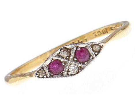 A ruby and diamond ring, in gold marked 18ct PLAT, 1.9g, size Q  Good condition