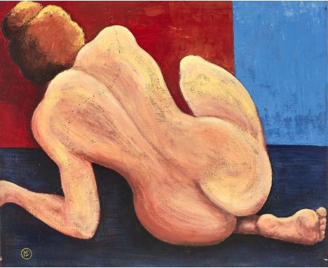 20th c School - Female Nude, signed with initials, M D, oil on canvas, 50 x 61cm, unframed  Good condition