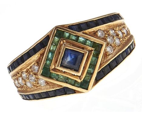 A Portuguese diamond, sapphire and emerald ring, in gold, maker's mark, control mark for 18ct, 8.1g, size L½  Light wear scra