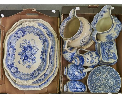 Two late 19th c Spode of blue and white meat plates, transfer printed with summer blooms within conforming borders, moulded g