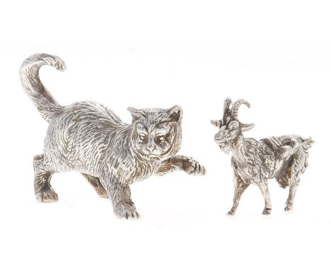 A miniature silver model of a cat, 45mm l, import marked, C M &amp; J S, London 1974 and a smaller silver model of a goat, ma