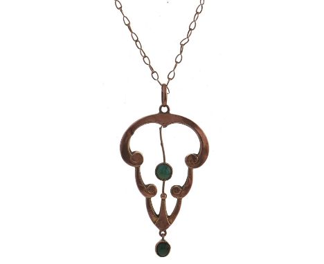 An art nouveau turquoise pendant, early 20th c, in gold openwork, indistinctly marked, on gold necklet, 2.2g (2)  Light wear 