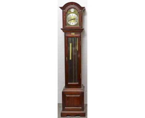 A reproduction mahogany grandmother clock, arched cavetto moulded hood with arched brass dial, silvered chapter ring with Rom