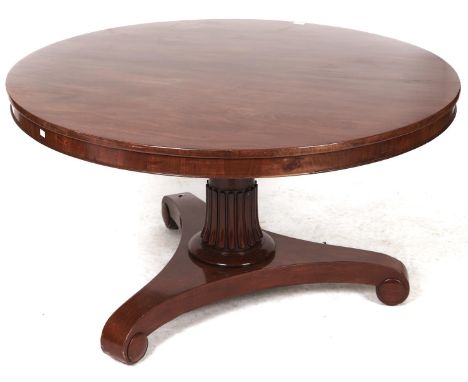 A Victorian mahogany breakfast table on reeded pillar and platform, 129cm diam  Top re-polished with repair to veneer cracks 