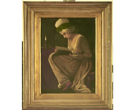 English School, 19th c - Portrait of a Young Woman Reading by Candlelight, oil on canvas, 38.5 x 28.5cm  Provenance: Accordin