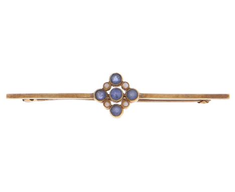 A sapphire and split pearl bar brooch,&nbsp; in gold, 60mm, marks rubbed, 4g  Wear consistent with age