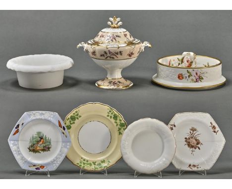 A group of Spode Flower Embossed bone china dessert ware, early 19th c, to include two hexagonal plates, one painted with a R