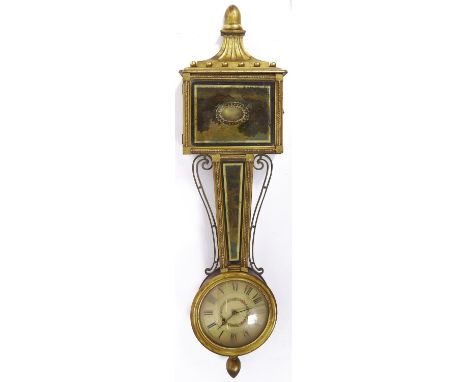 A Federal American giltwood and mahogany wall timepiece, Massachusetts, first half 19th c,&nbsp;with enamelled dial and inset