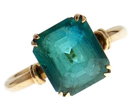 A green paste ring, in gold, indistinct foreign control mark, 2.2g, size L  Slight wear on facets when viewed under 10x magni