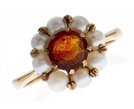 A citrine and cultured pearl cluster ring, in 9ct gold, 3g, size L  Good condition