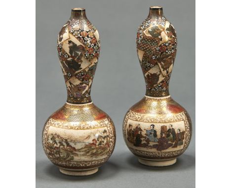 A pair of Japanese satsuma double gourd shaped vases, by Kozan, Meiji period, the lower part painted to either side with a re