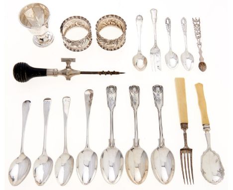 Miscellaneous small silver flatware, napkin rings and other articles, George III and later, 9ozs 17dwts excluding two bone ha