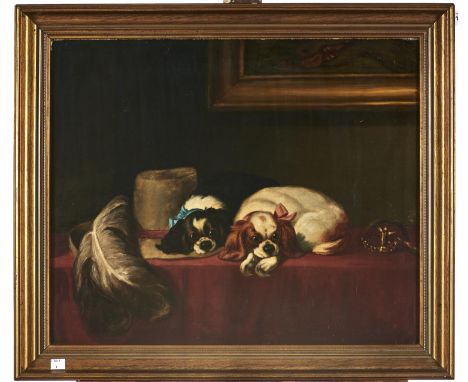 19th c follower of Sir Edwin Henry Landseer RA (1802-1873) - The Cavalier's Pets, oil on canvas, 49 x 59.5cm  Support limed, 